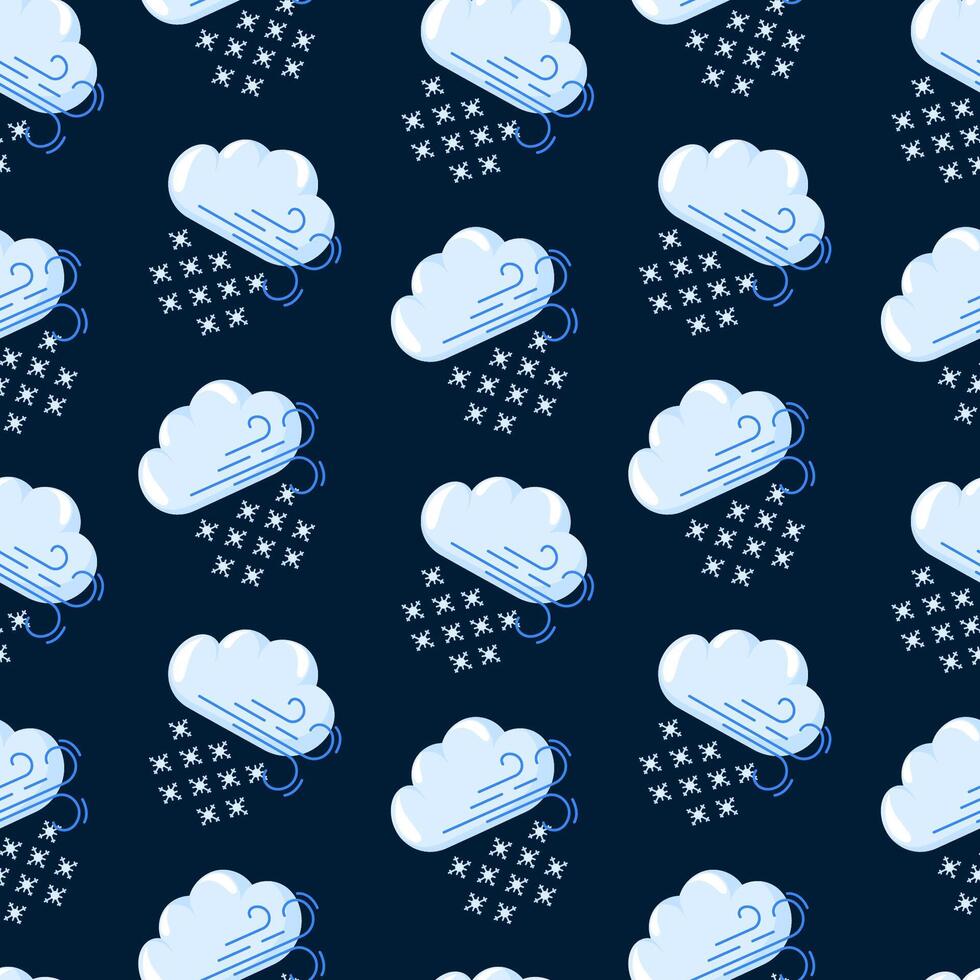 Seamless pattern with winter weather icon clouds, wind, and snowflakes. Design is perfect for seasonal projects, winter designs, and wrapping. Cartoon style. vector