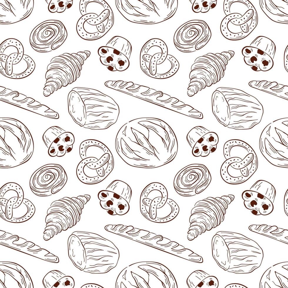 Seamless pattern of bakery food in line art style. Bread, pretzel, croissant, cinnamon bun and muffin. Ideal for food packaging, textile, cafe and menu. vector
