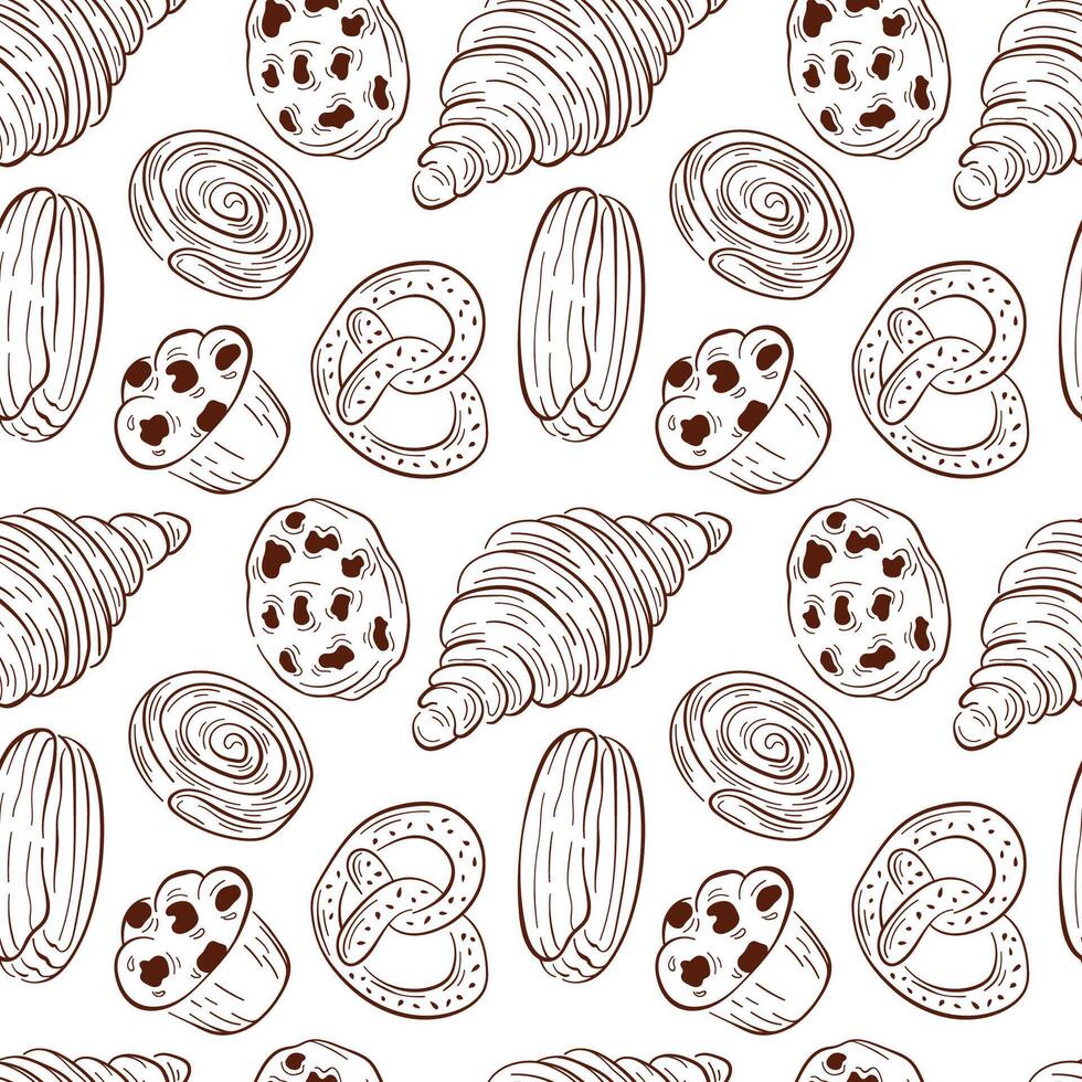 Seamless pattern with bakery food croissant, pretzel, roll, eclair, muffin, chocolate cookie chip. Line art design for packaging, backgrounds, menu, cafe, restaurant on a white background. vector