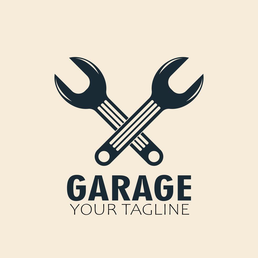 A simple, minimalist logo for a garage featuring two crossed wrenches. vector