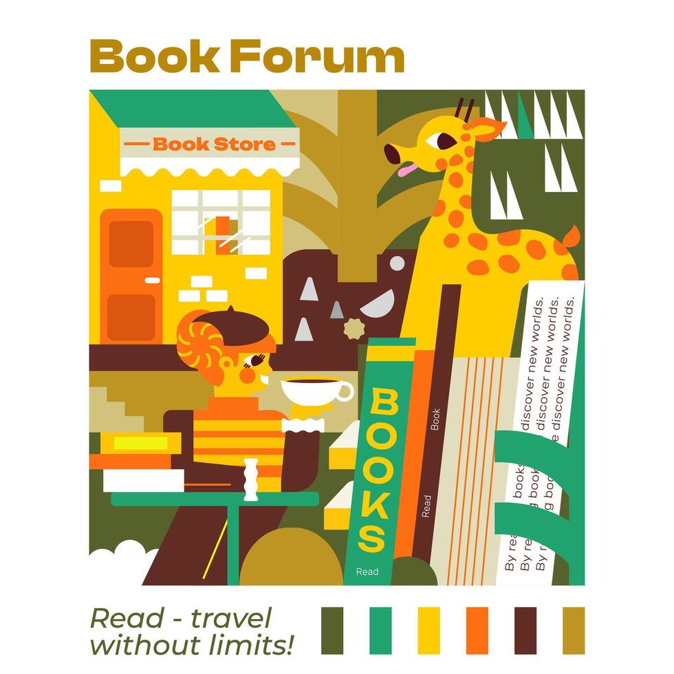 Illustration on the subject of Books. In the book cafe, you can read and drink coffee. The giraffe and wild vegetation symbolize that by reading we expand our knowledge about the world. vector