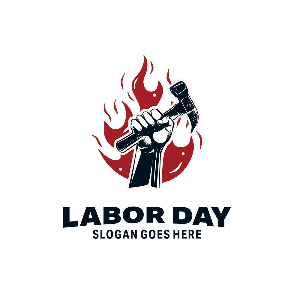 Labor hand holding a hammer labor tool and fire logo vector
