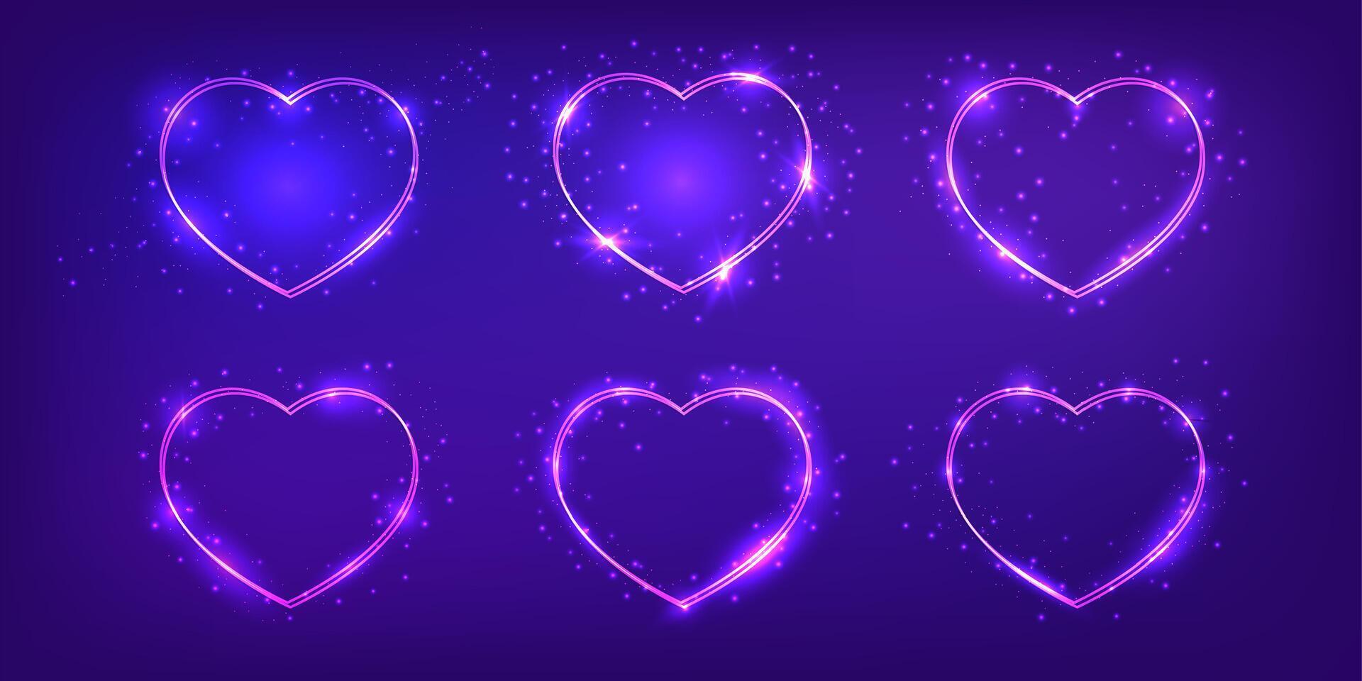 Neon double frame in heart form with shining effects vector
