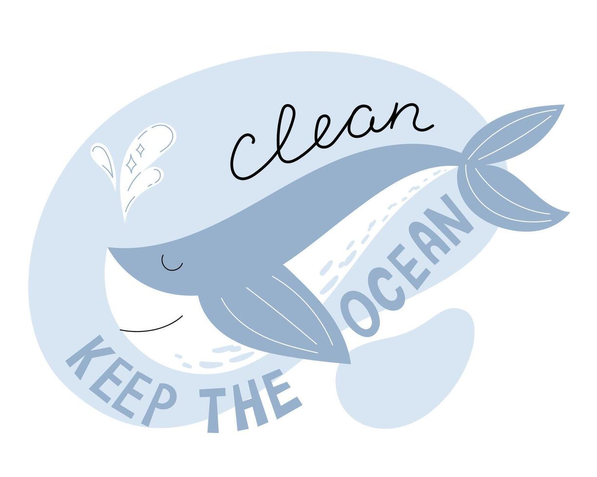 Whale with Keep the Ocean Clean Message, Marine Conservation and Environmental Protection vector