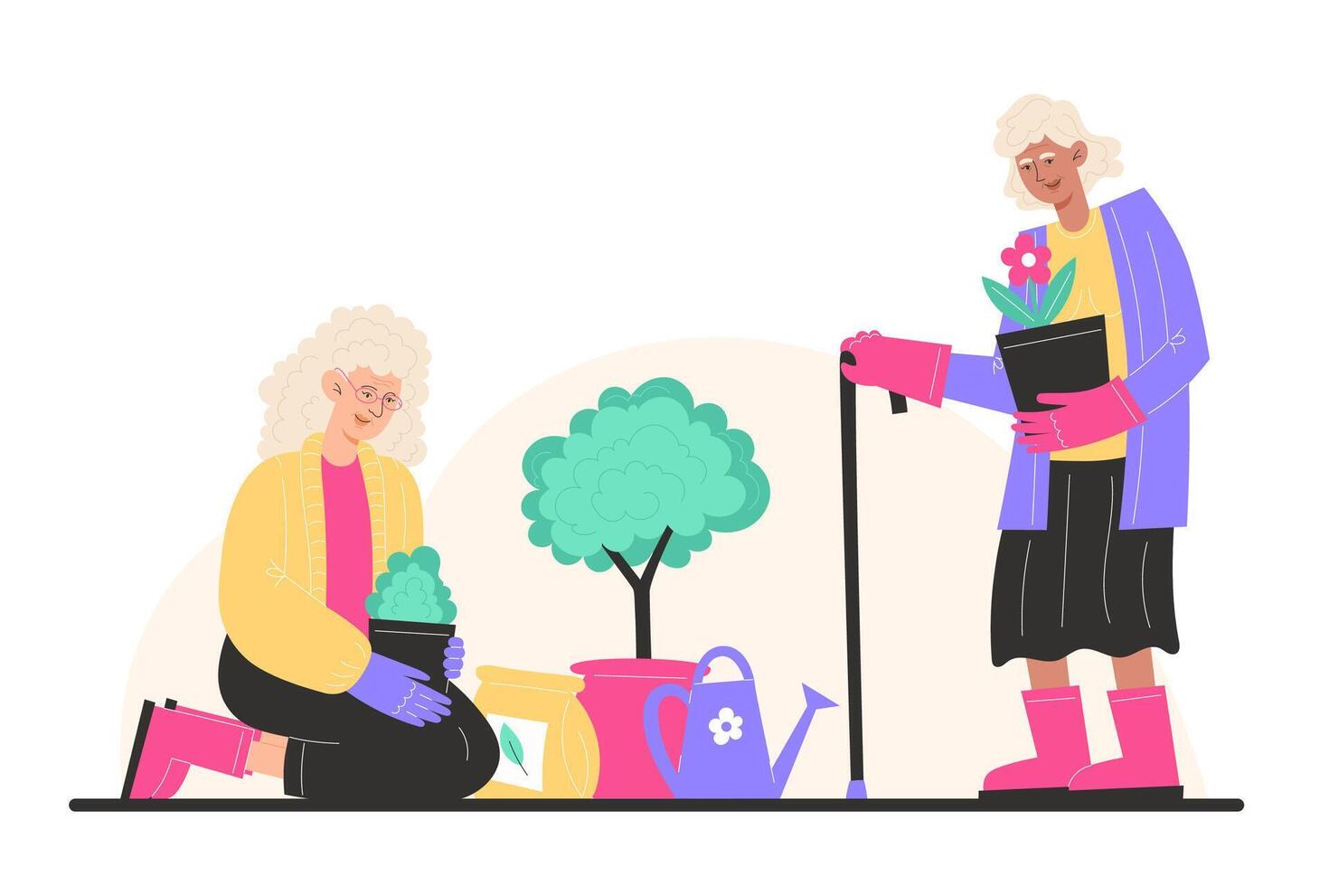 Two grandmothers plant flowers in pots in the garden vector