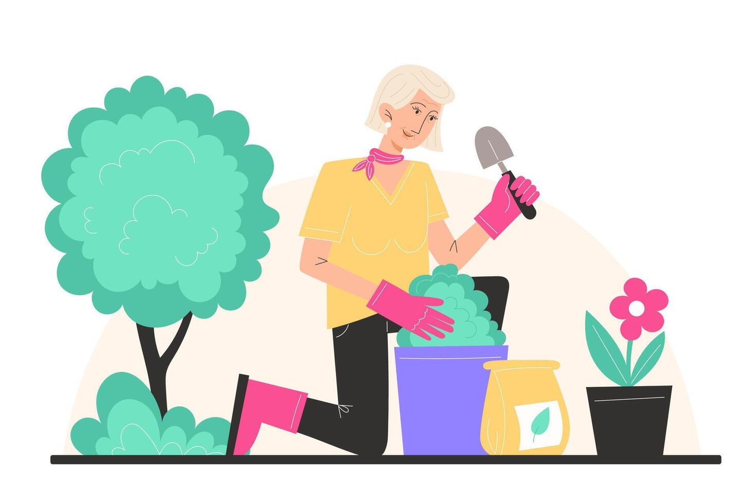 A elderly woman sits and plants flowers in pots in the garden vector