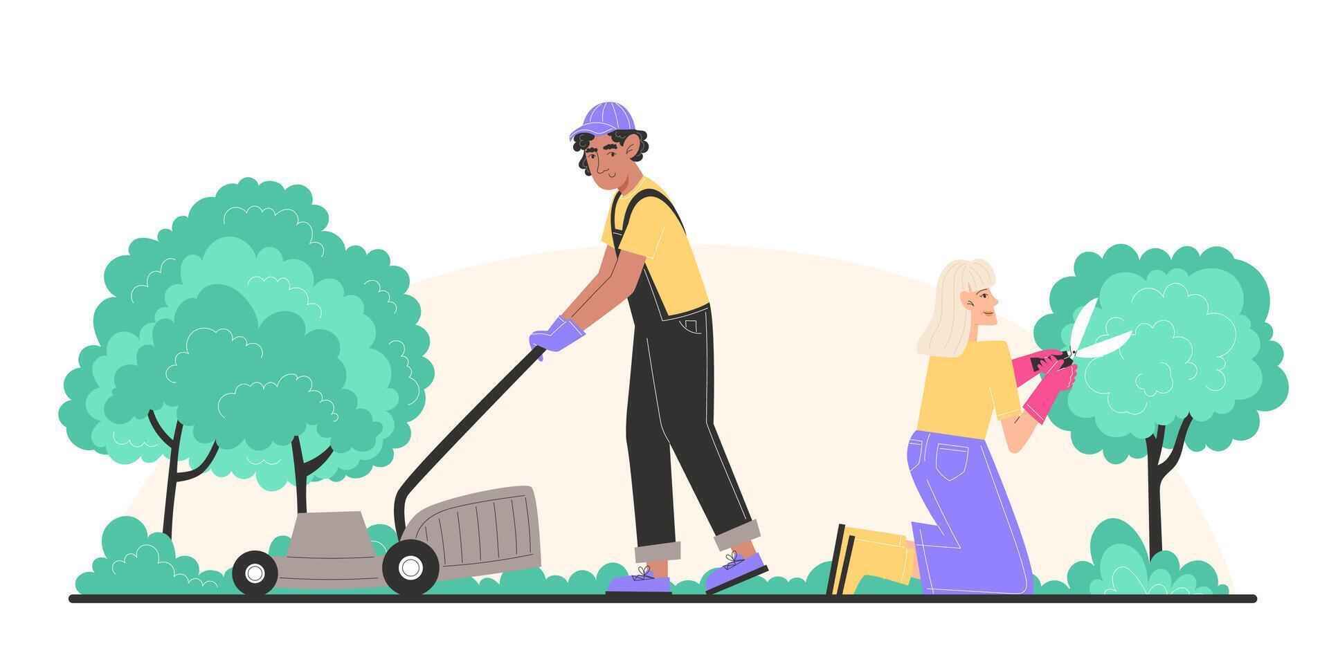 A young man mows the lawn with a lawnmower and elderly woman trims bushes in the garden vector