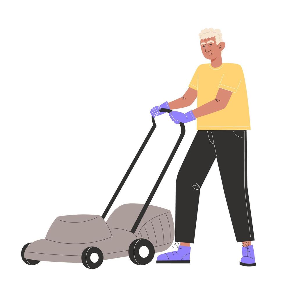 A elderly man mows the lawn with a lawnmower vector
