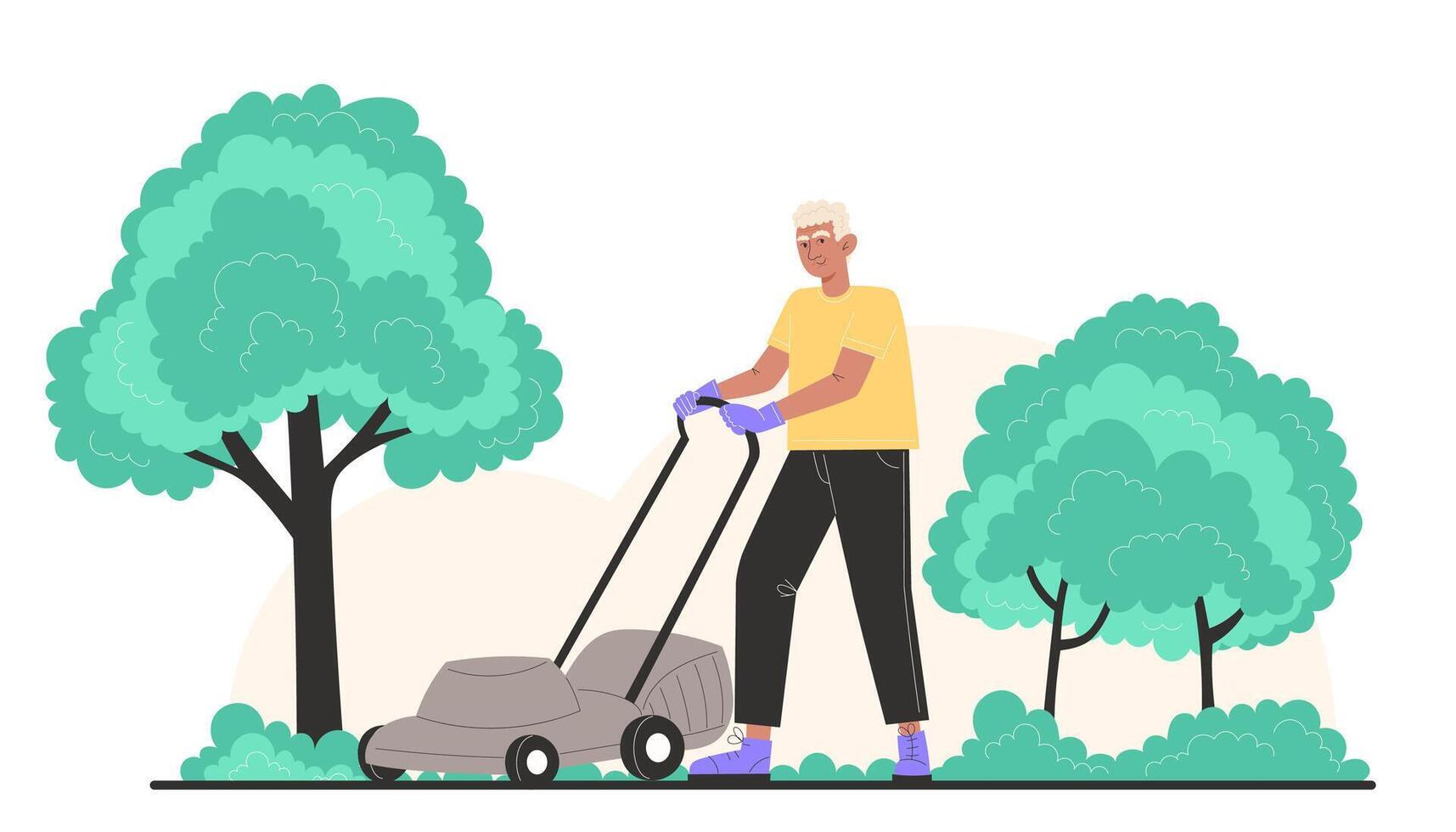 A elderly man mows the lawn with a lawnmower in the garden vector