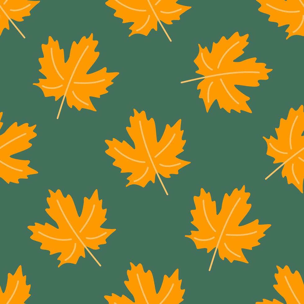 Seamless pattern of orange leaves on a green background. vector
