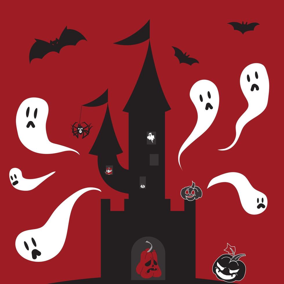 Silhouette of a creepy Halloween castle with ghosts, bats, spiders, pumpkins. illustration on a red background. vector