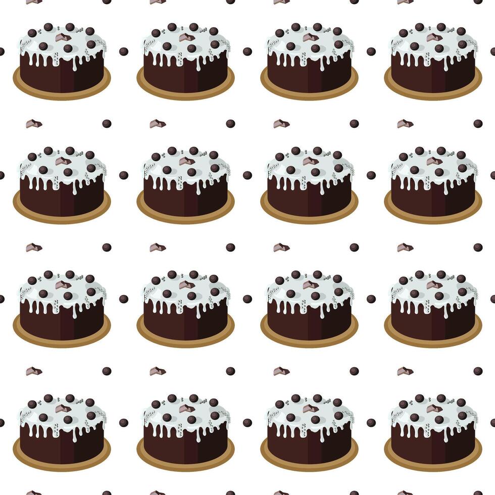 Chocolate cake with sugar icing. illustration on a white background. Simple seamless pattern. vector