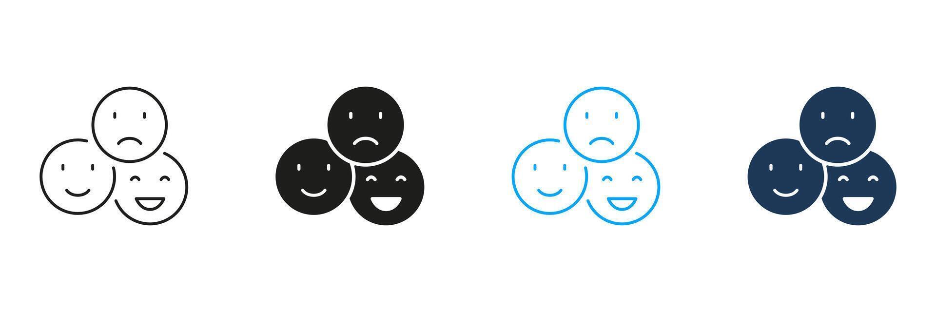 Happy Smile, Positive Face, Sad Emoticon Line and Silhouette Icon Set. Feedback, User Experience Symbol. Emoji Pictogram. Customer Satisfaction Sign. Editable Stroke. Isolated Illustration vector