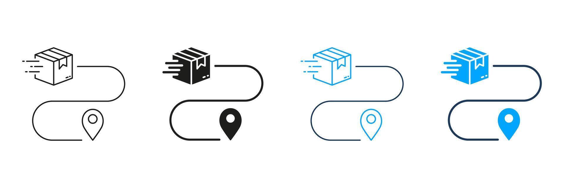 Delivery Service Route Line and Silhouette Icon Set. Parcel Location Pictogram. Pin on Map with Box, Shipment Distance Symbol. Order Path Sign. Editable Stroke. Isolated Illustration vector