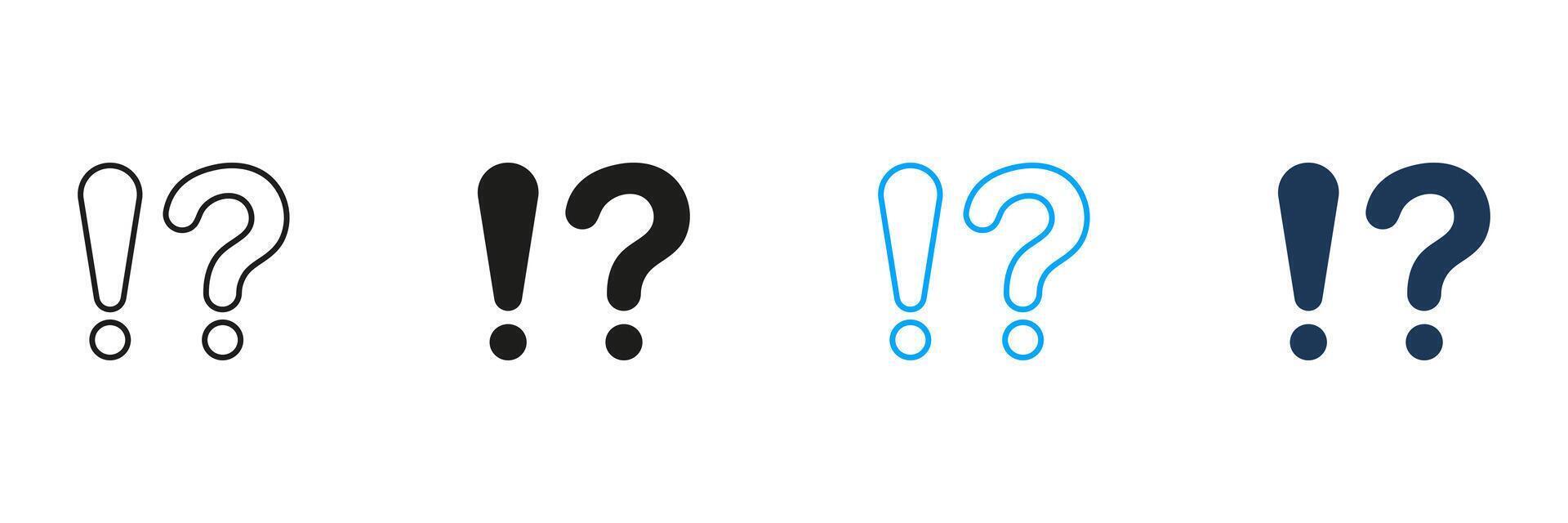 Question Mark and Exclamation Point Line and Silhouette Icon Set. FAQ, Answer Pictogram. Alert Symbol, Interrogative Warning Sign. Caution Information. Editable Stroke. Isolated Illustration vector
