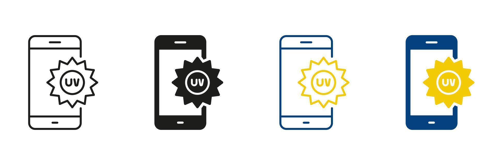 UV Index Level Mobile App Line and Silhouette Icon Set. Ultraviolet Radiation Smartphone Application Pictogram. Editable Stroke. Isolated Illustration vector