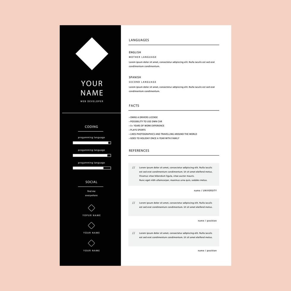Professional personal resume cv in black white design template vector
