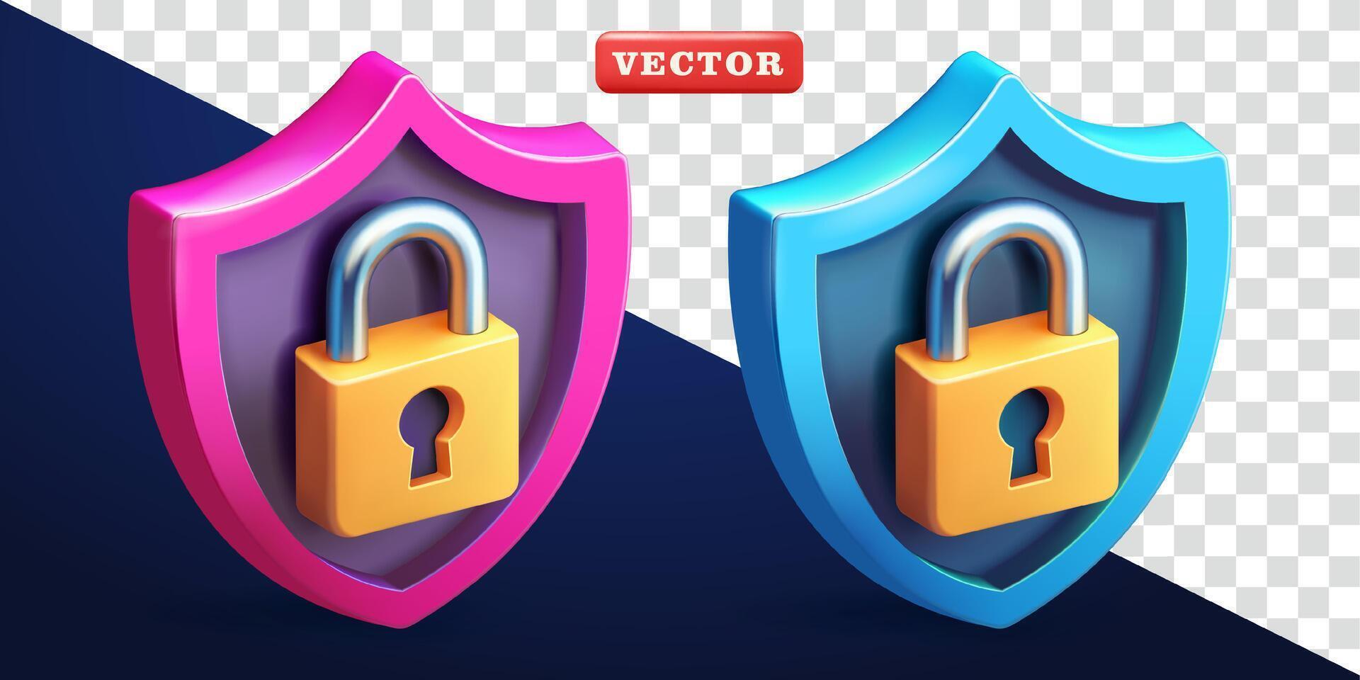 Shield with locked padlock, 3d. Suitable for security and design elements vector