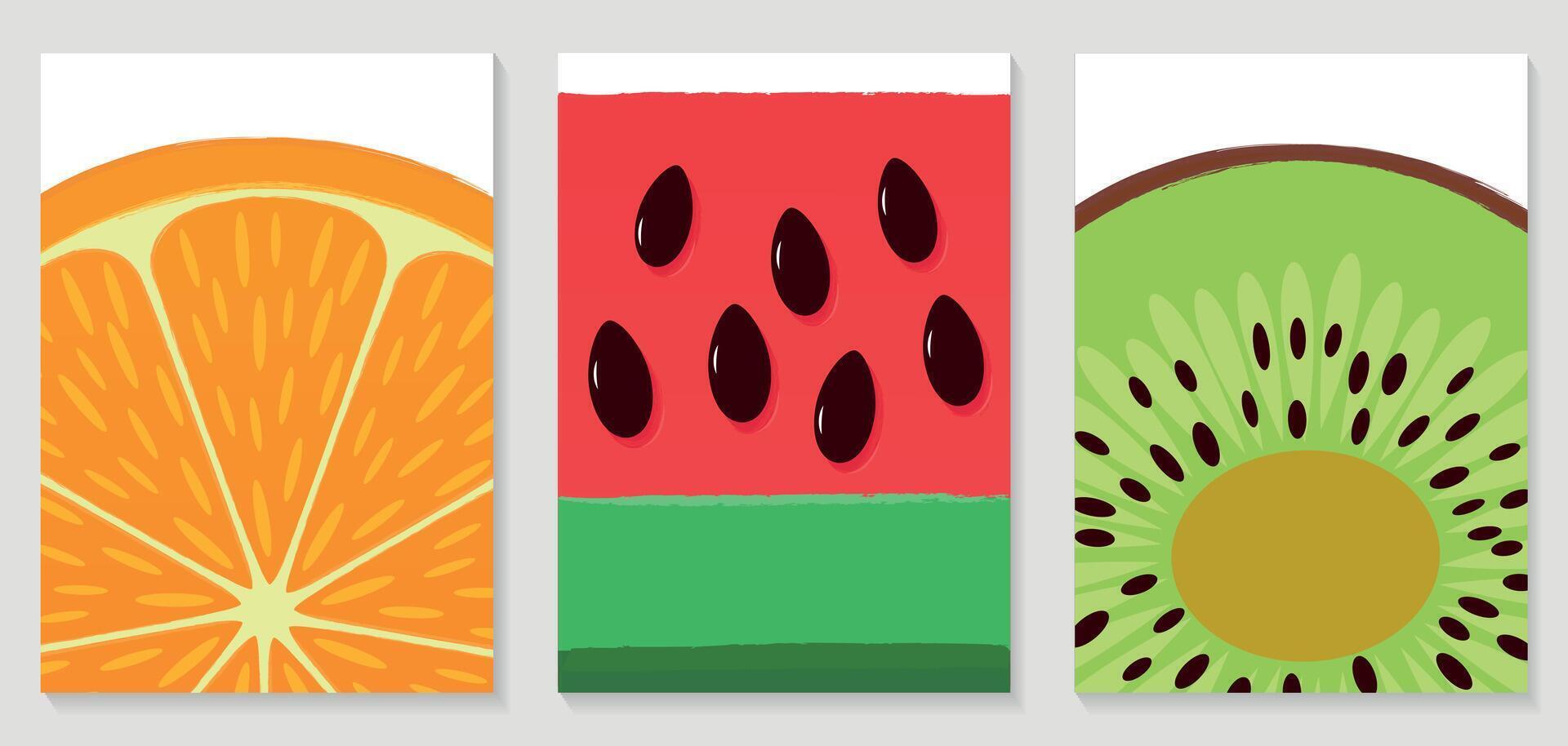 Fruit Cards Set with Citrus, Watermelon, Kiwi. Illustration Collection vector
