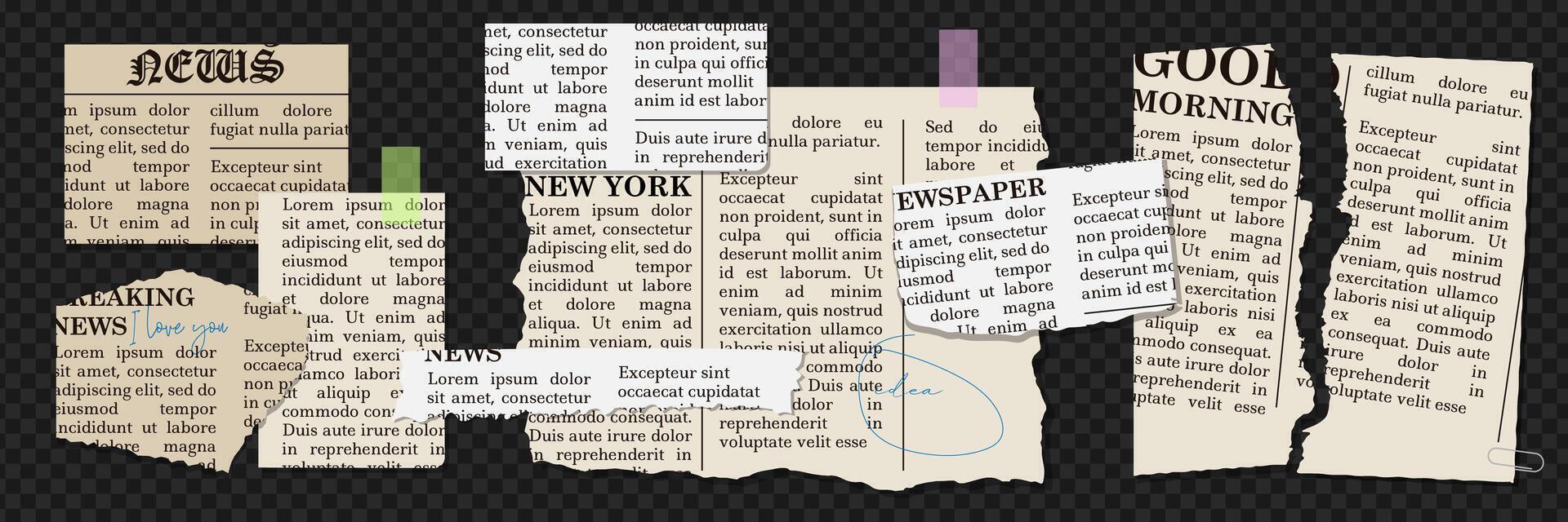 Newspaper torn paper pieces set with uneven edges. Vintage elements collection for collage. vector