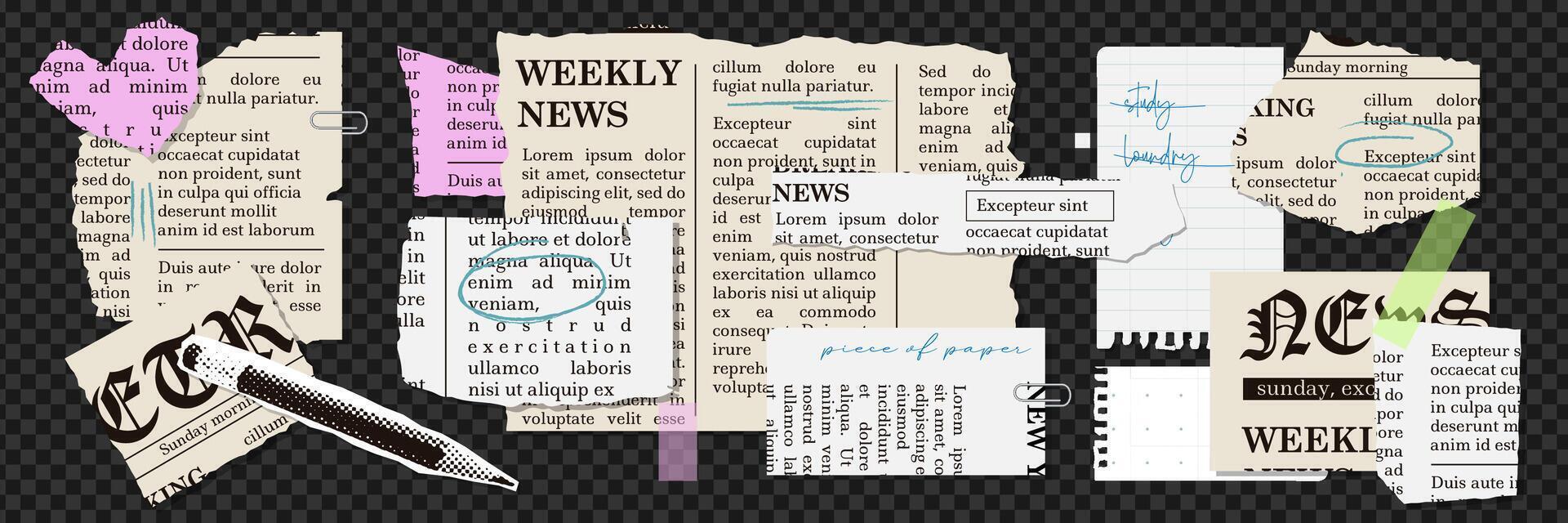 Set of torn newspapers and notebook sheets. Vintage trending newspaper with uneven edges for collages. Torn out sheets collection for a notebook in a cage and stripes. collage elements vector