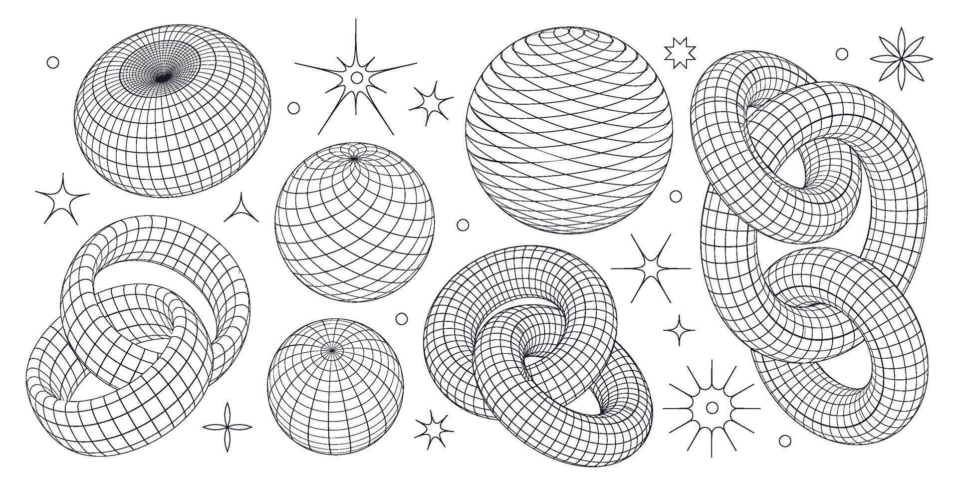 Set of wireframe 3D geometric shapes. Wire frame abstract figures. Mesh grids of intertwined rings, chain links, spheres. Graphic design linear elements isolated on white background. vector