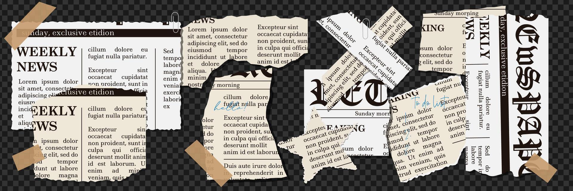 Set of old torn or ripped paper sheets. Scrapbook uneven edge, newspaper page split. Abstract realistic ornament or decoration clip art for social media banner. illustration. vector