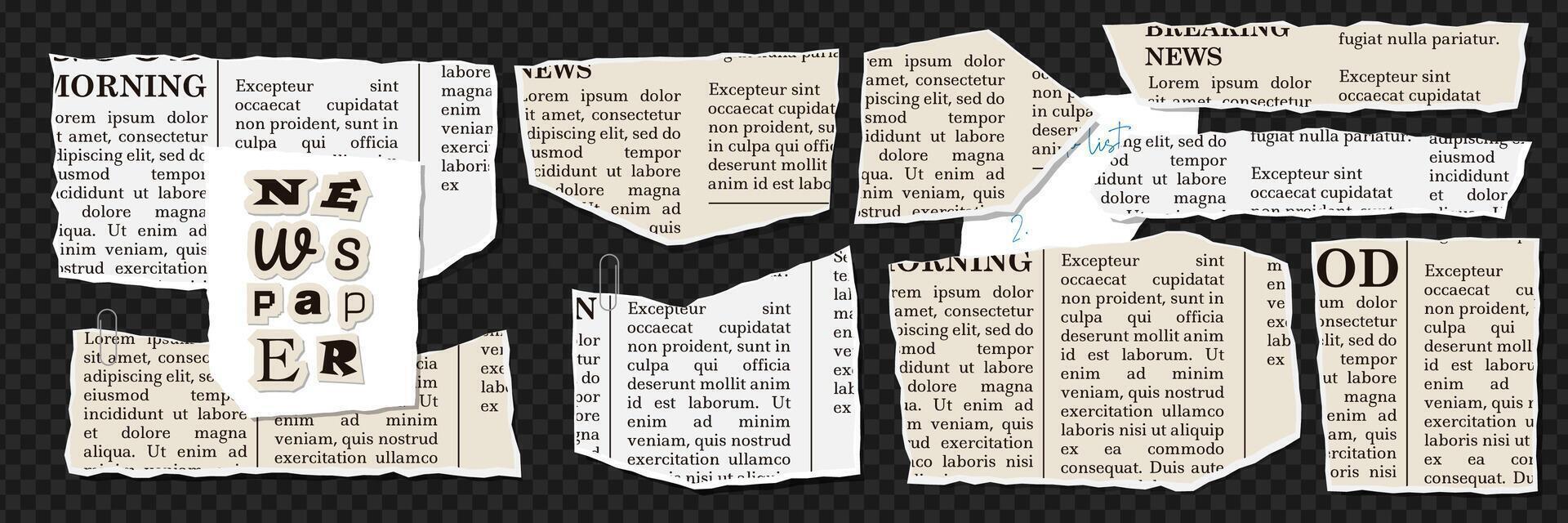 Set of Crumpled torn papers with Jagged edges. Collage. Concept scraps background, newspaper fragments. Trendy vintage design elements. Old news sheets. illustration. vector