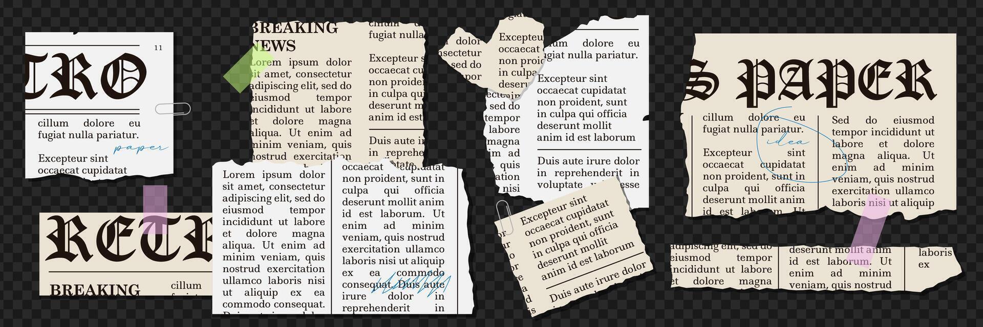 Set of Torn newspaper sheets of paper with clippings text in grunge style. pieces of ripped scrap paper in cage and lines. Vintage elements collection for collage. vector