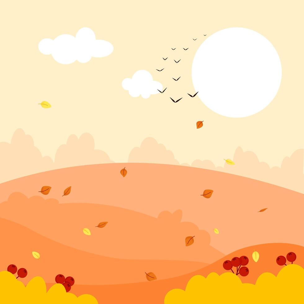 Autumn landscape with fields, sun and flying away birds vector