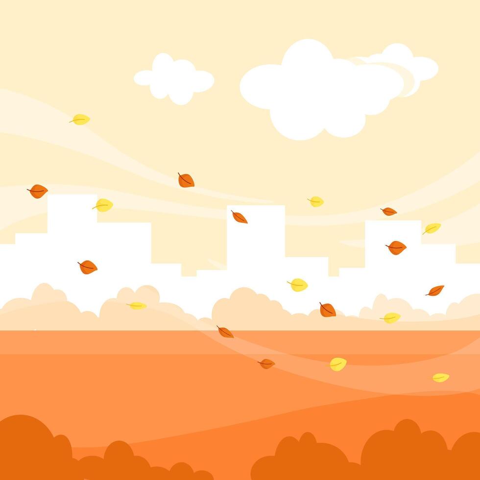 Autumn landscape with orange moons, flying leaves and city houses in the background vector