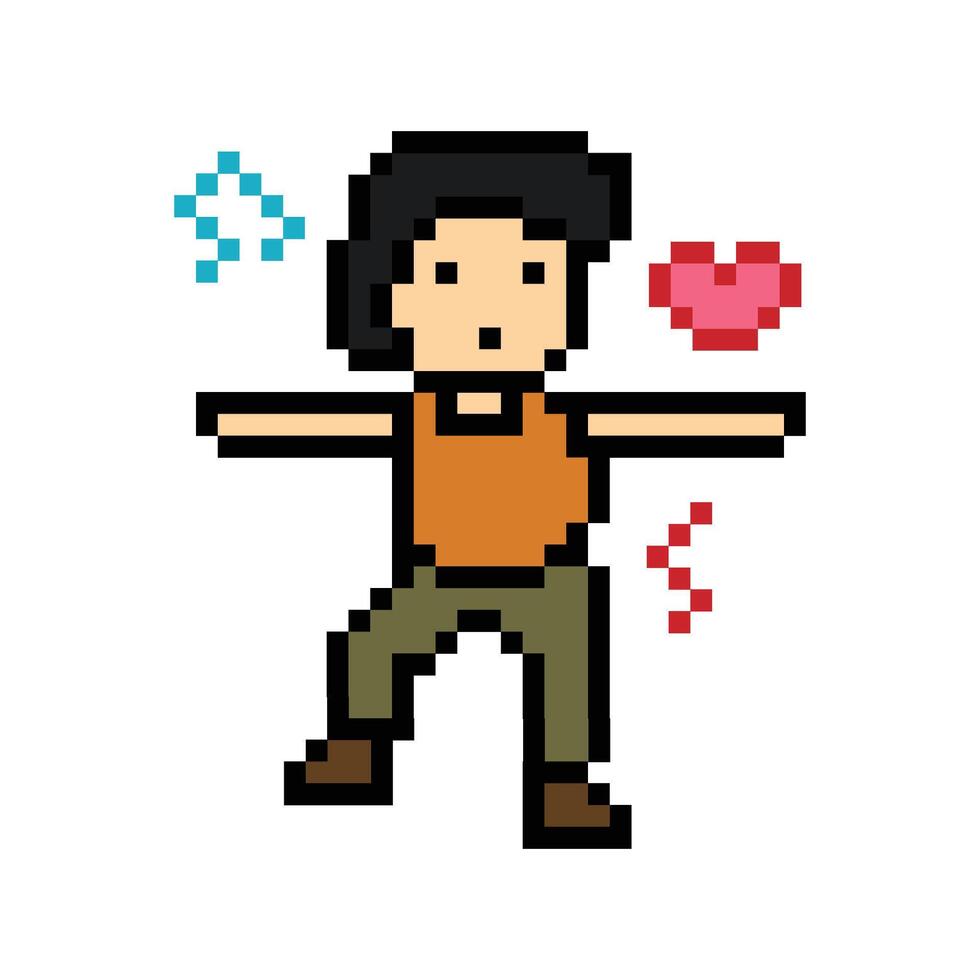 Pixel cartoon 8bit character man exercises training dance lifestyle music 8 bit male boy dance fitness isolated. vector