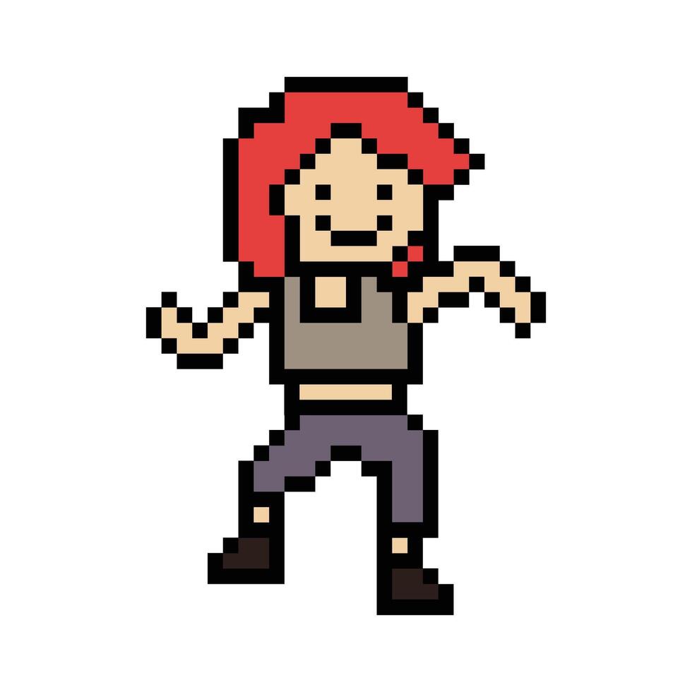 Pixel cartoon character woman exercises training dance lifestyle music decoration female girl dance with music isolated background. vector