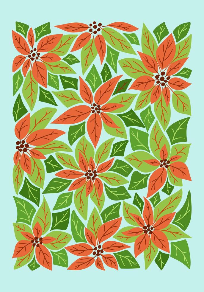 Retro botanical mid century winter poster or art print with poinsettia plants. Hippie 60s, 70s style. Isolated leaves with flowers in nostalgic style. Winter holiday and Christmas mood vector