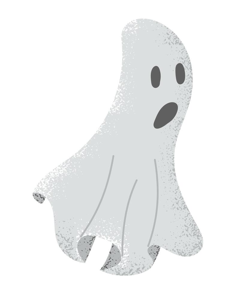 Scared and frightened cute ghost with grunge texture. Holiday hand drawn character design for Halloween isolated on white background. Good for decoration and stickers vector
