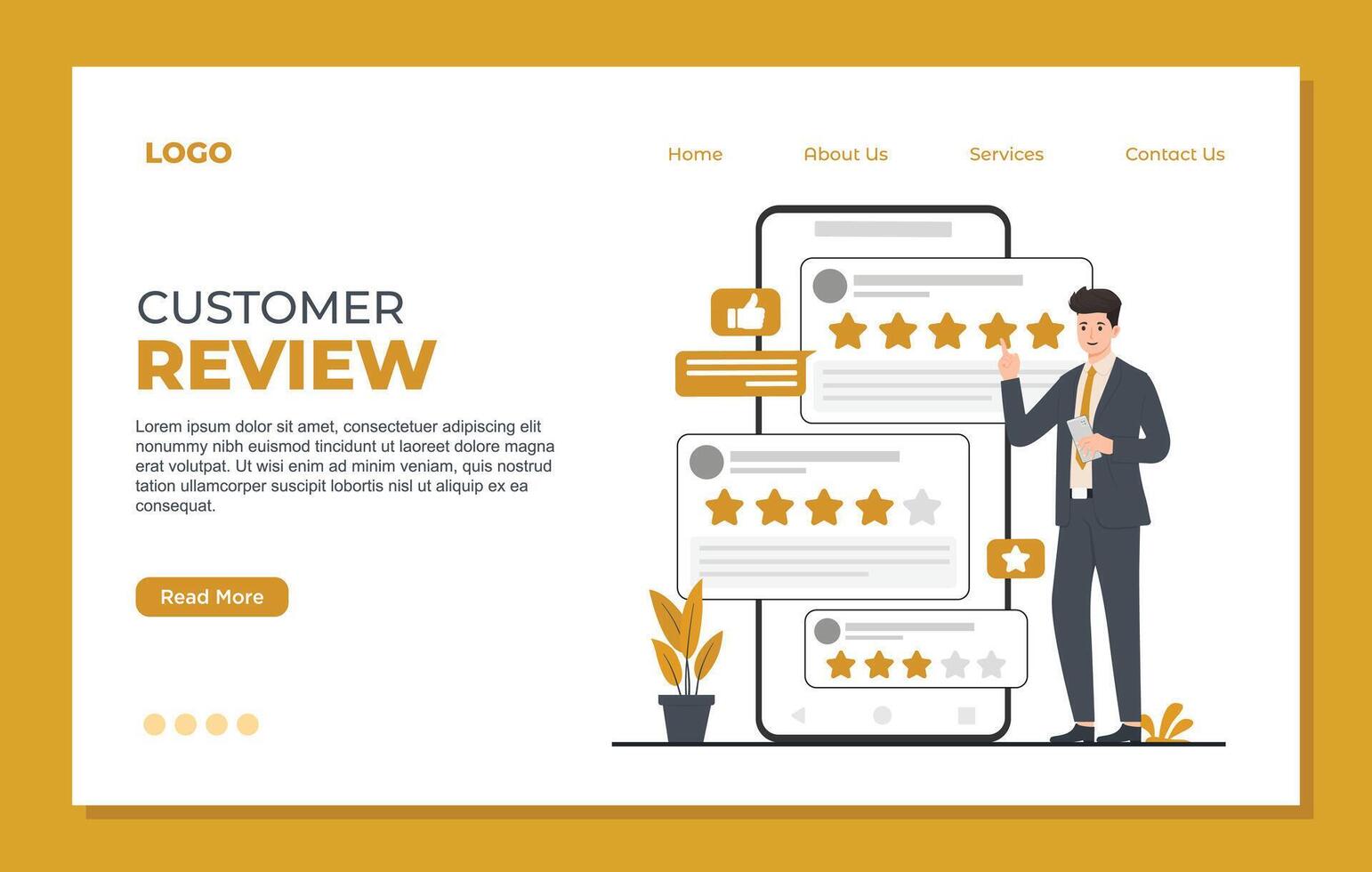 customer review landing page template Customer review website banner design. Customer feedback online service concept vector