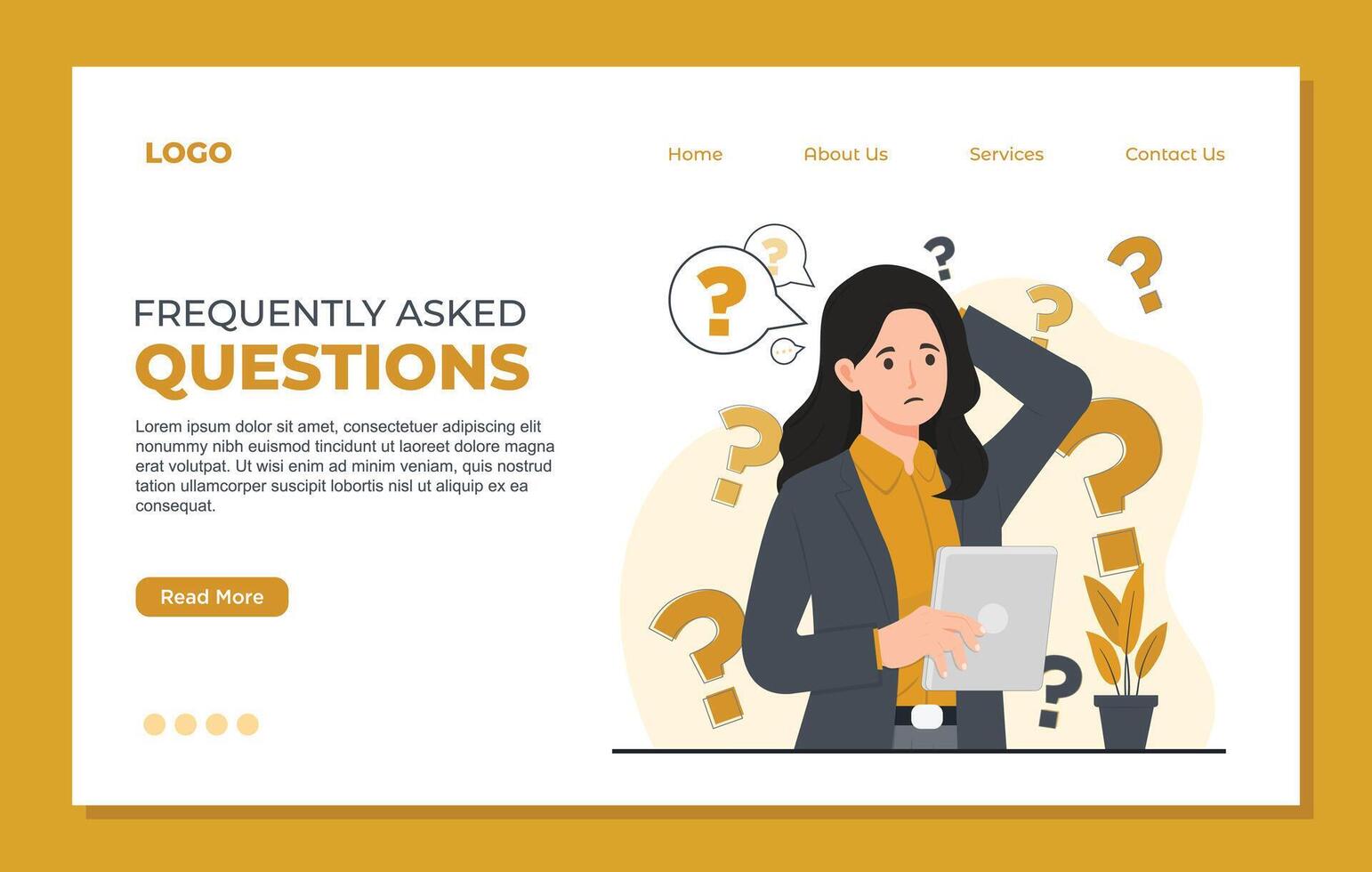 Preguntas más frecuentes frecuentemente preguntó preguntas concepto ilustración plano diseño ilustración concepto de problema resolviendo mujer de negocios con pregunta marca y ordenador portátil. vector