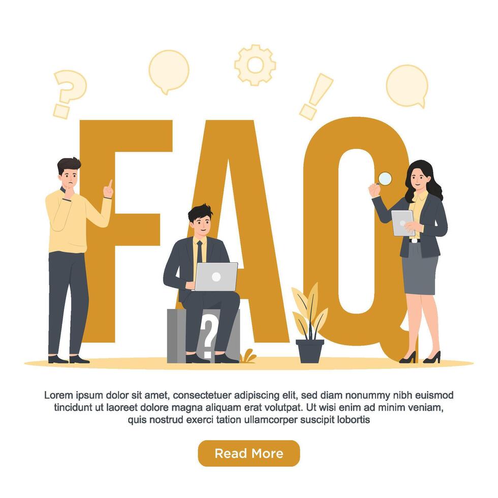 FAQ information banner with text and people. Flat style illustration. vector