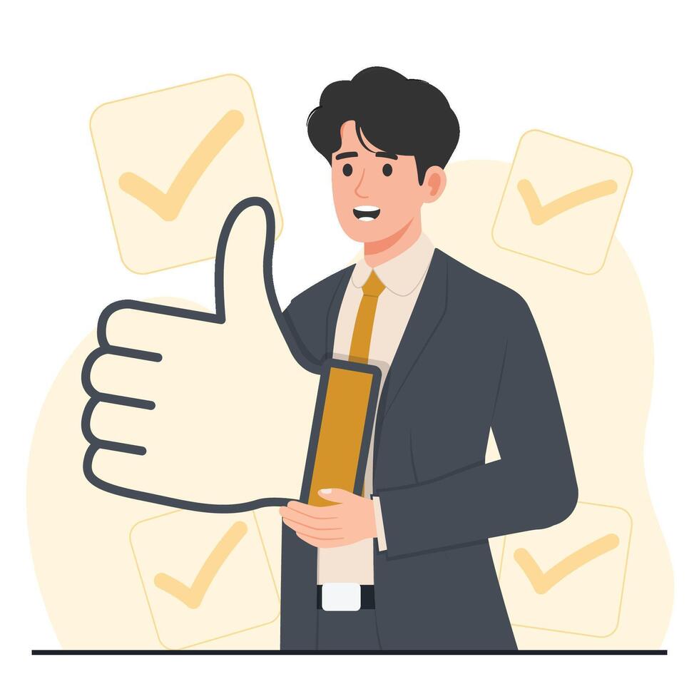 Agree concept illustration Businessman holding a document and showing thumbs up. illustration in flat style vector