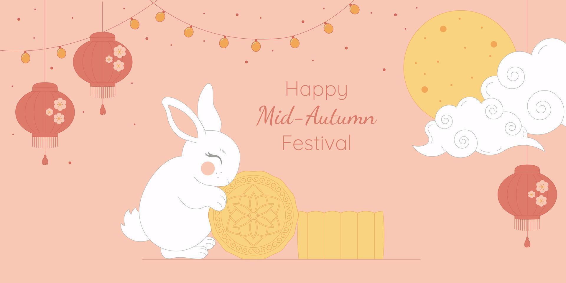 Chinese Mid Autumn festival greeting card, background. Moon, flowers, mooncakes, rabbits and clouds. Illustration. vector