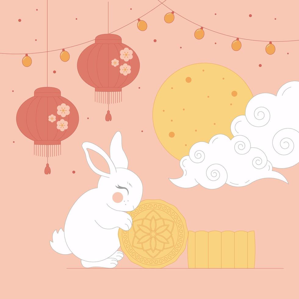 Chinese Mid Autumn festival poster, greeting card. Moon, flowers, mooncakes, rabbits and clouds. Illustration. vector