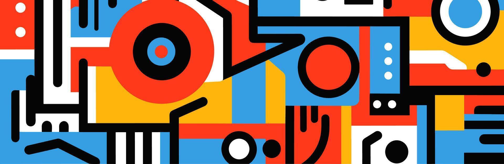 Horizontal banner with naive doodle forms and colorful patterns in primitive style, perfect for modern art designs and contemporary creative backgrounds. Eps vector