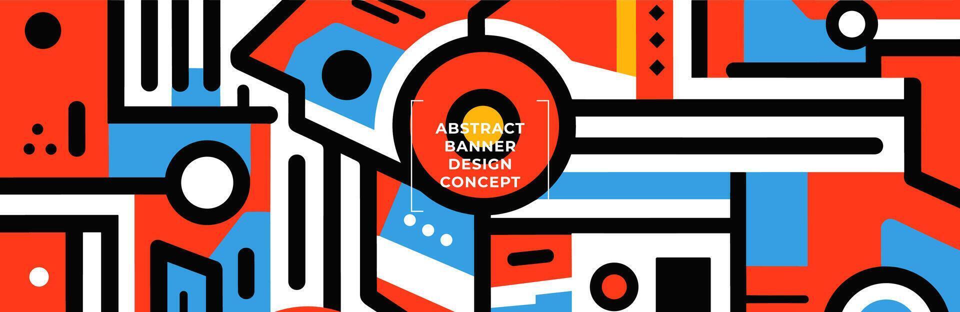 Abstract horizontal art banner with naive graphic doodle forms in a primitive geometric style, colorful pattern ideal for creative modern background and artistic design projects. Eps vector