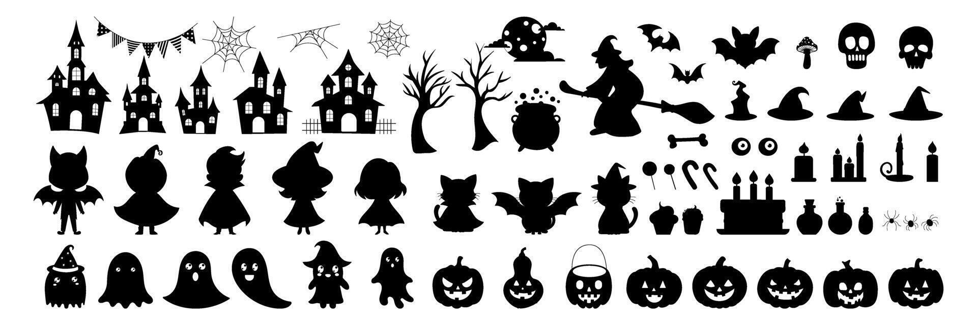 Halloween themed black and white images of witches, ghosts, pumpkins, and other spooky creatures vector