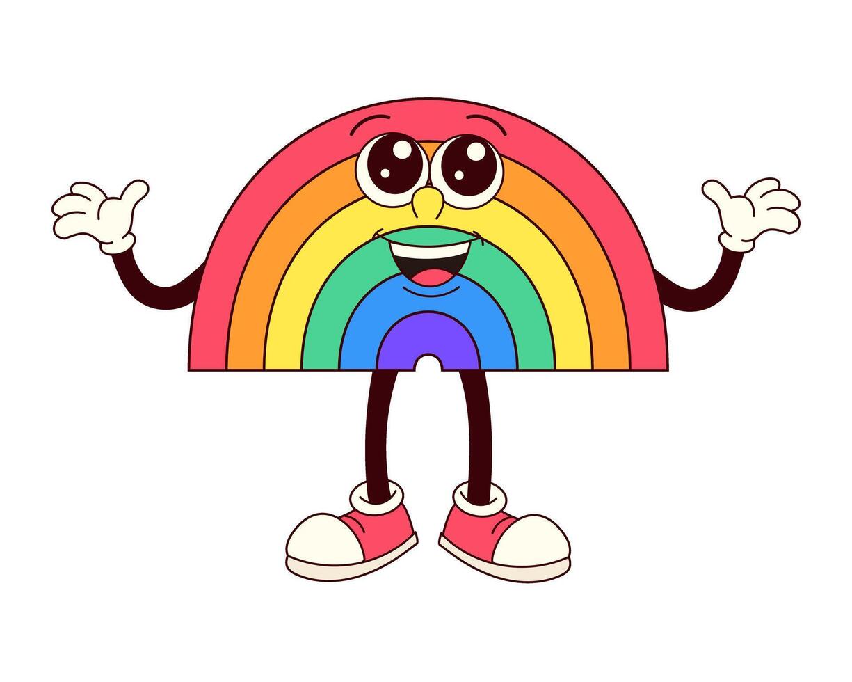 A cartoon rainbow character is smiling and waving. The rainbow is colorful and has a happy expression. The character is wearing red shoes and a rainbow-colored outfit vector