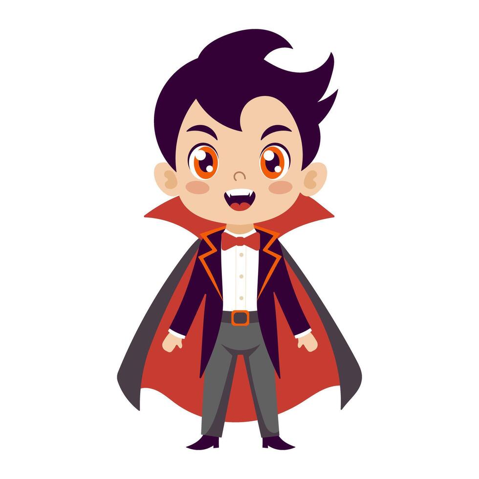 A cartoonish boy in a vampire costume is standing with his mouth open and teeth showing. He is wearing a black cape and a bow tie vector