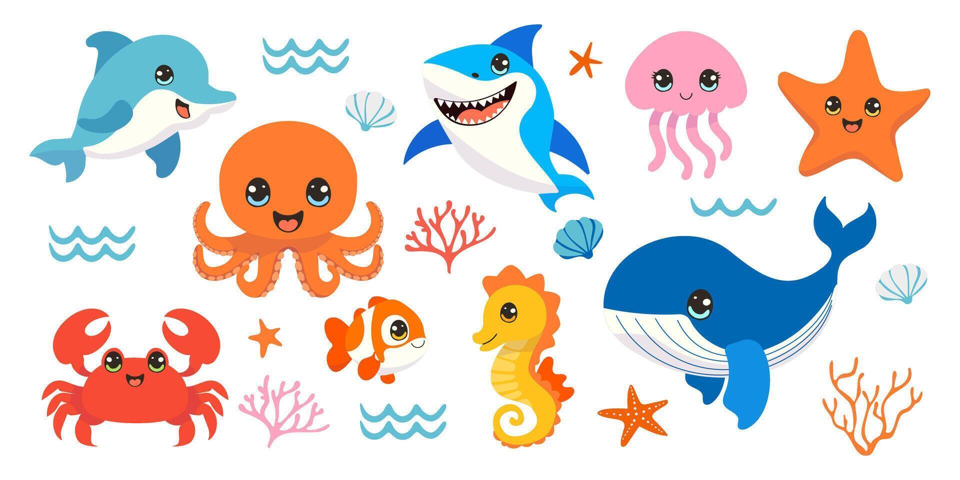 A collection of cartoon sea creatures including a crab, octopus, fish, and starfish. Scene is lighthearted and playful vector