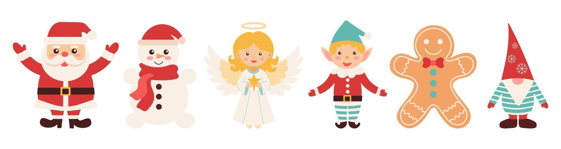 A group of cartoon characters, including a snowman, angel, gingerbread man vector