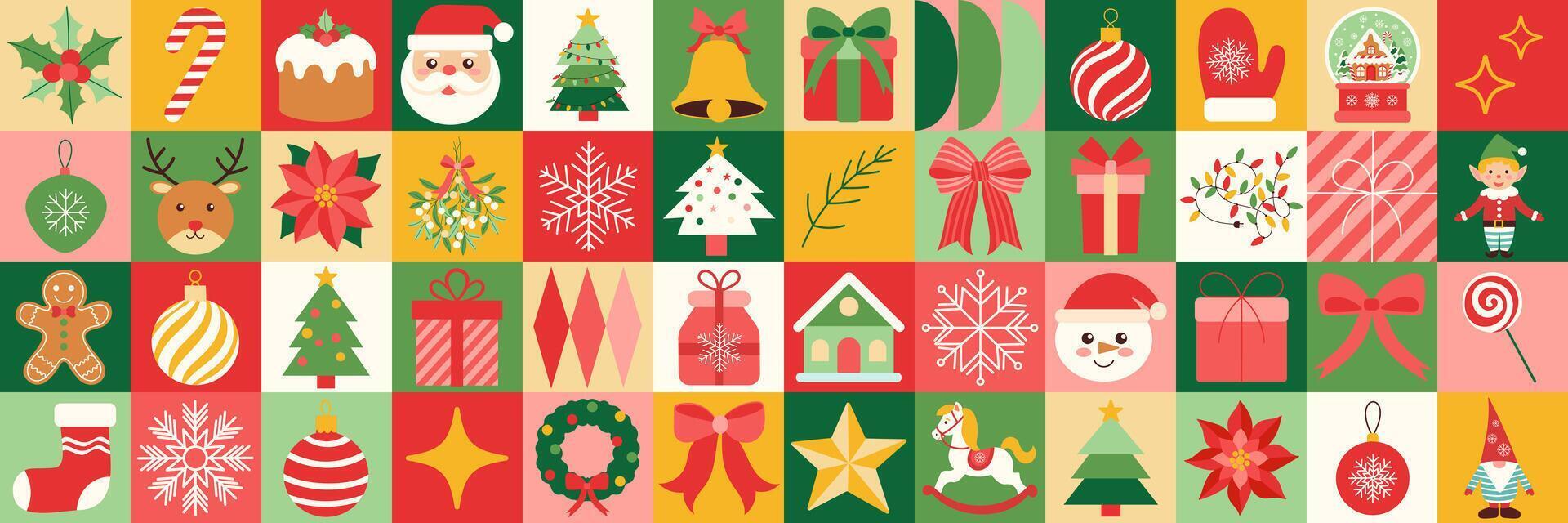 A colorful Christmas-themed image with various decorations such as a Santa Claus, Christmas tree, and gingerbread men vector