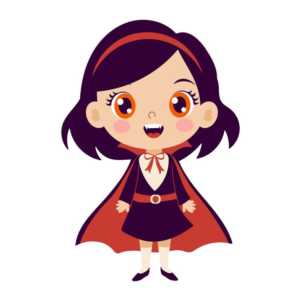 A cartoon girl in a vampire costume is smiling and holding a cape. She looks happy and playful vector